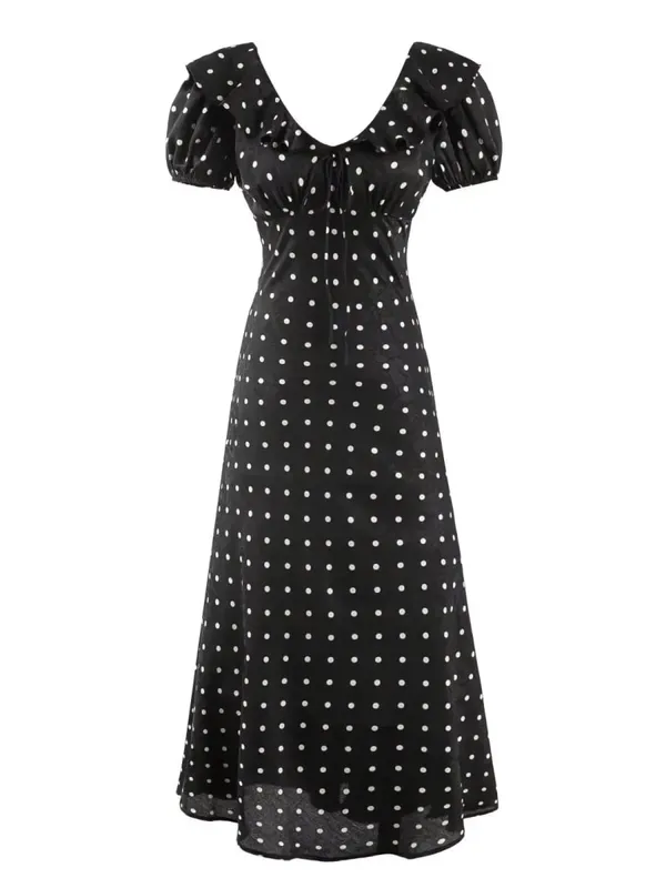 Chu Sau beauty Damen Neue Mode Süße Polka Dot Print Chic Rüschen Midikleid Französisch V-Ausschnitt Puffärmel Vintage Partykleider