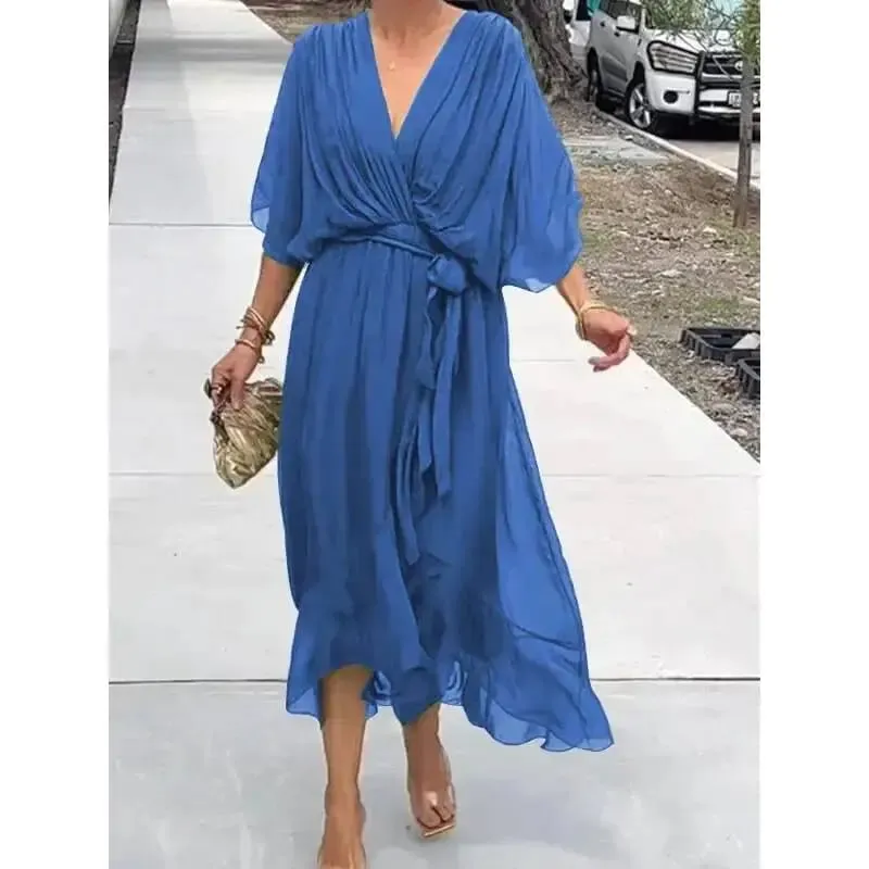 Stylish Elegant Chiffon Casual Solid Lace Up Dress Women V-Neck Bat Sleeves Irregulares Midi Dresses Summer Resort Wear