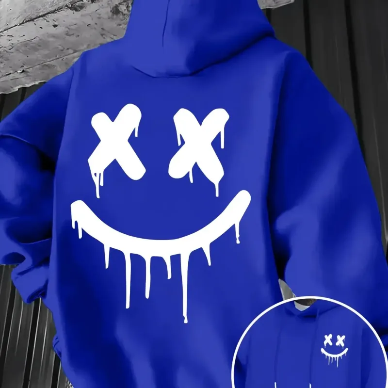 Smiley face print men's and women's autumn winter trendy printed hooded fleece sweatshirt front back casual hoodie