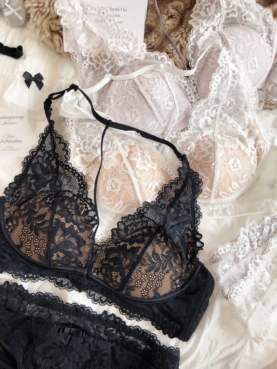 Sexy Lace Embroidery Women Lingerie Set French Thin Cup Halter Bikini Bra High Quality Push Up Bralette Backless Underwear Set