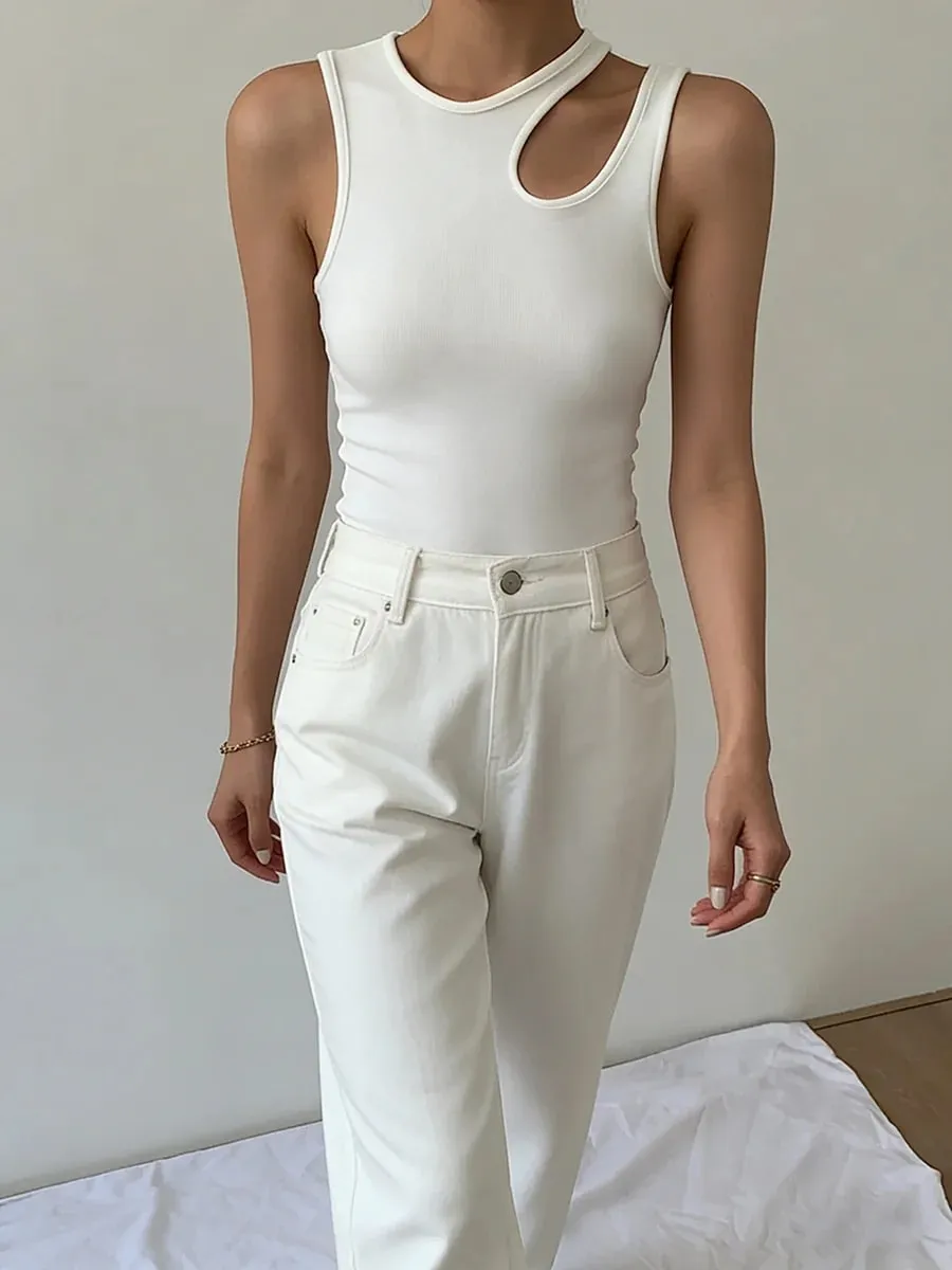 Women's White Ribbed Knit Tank Top Round Neck Cut Out Shoulder Slim Fit Sleeveless Cami Casual Vest Spring Summer Daily Outfit