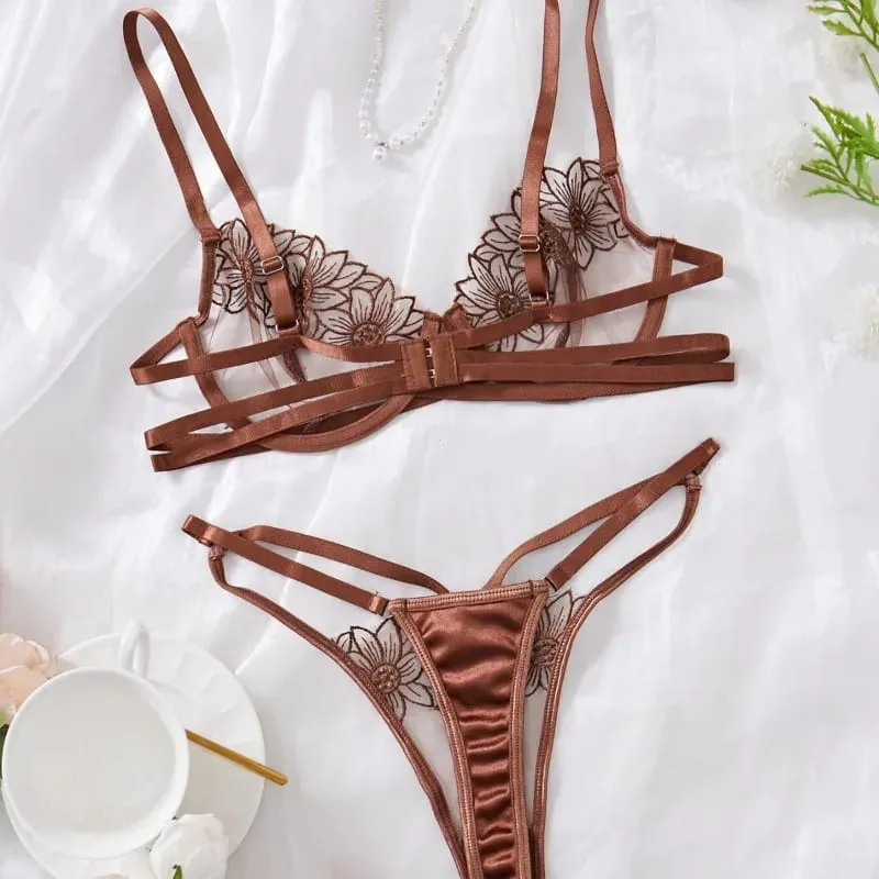 High-End Floral Embroidered Underwire Bra Set Women's Mesh Unlined Bra + Panties