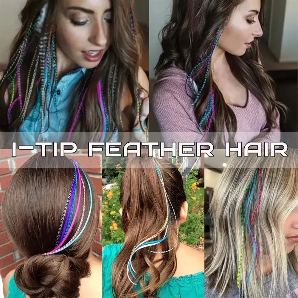 30strands Feather Hair Extension Fake Hair I Tip Rainbow Synthetic Hair 16inch Hairpiece Feather for Hair Extension Y2K Festival