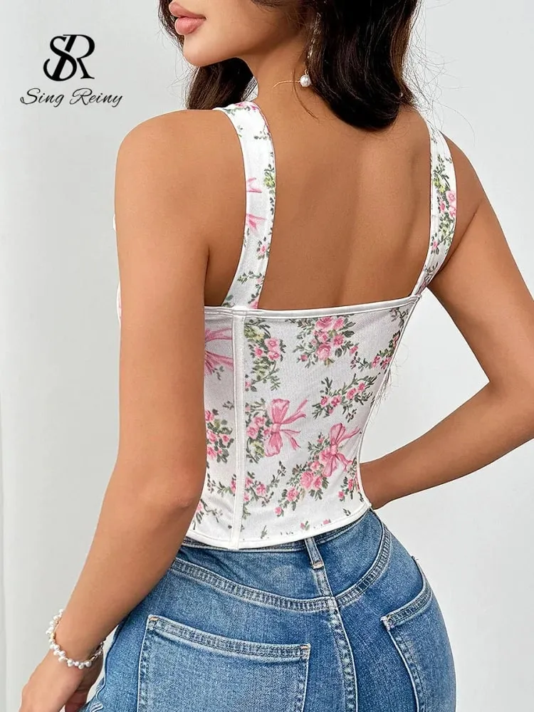 Strap Holiday Floral Corset Top 2026 New Arrival Lace Up Sexyl Shapewear Top Frenc Irregular Bohemian Print Camisole