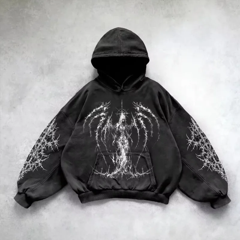 レトロゴシックグラフィックプリントヒップホップパーカー男性のための Y2k グランジパンクカジュアルルーズプルオーバー女性ストリートトレーナーパーカー