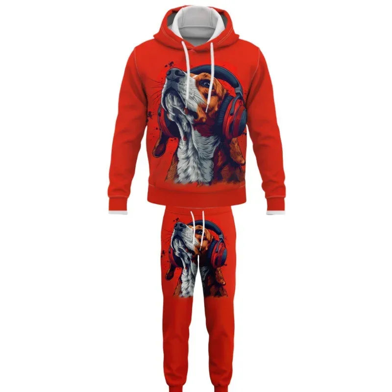 Moda animales perro 3D impreso otoño Sudadera con capucha traje hombres sudaderas pantalones de chándal Casual dos piezas conjunto de chándal ropa de hombre