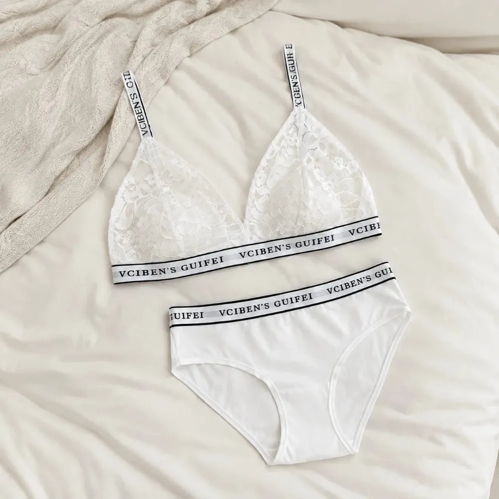 Comfortable Letter Design Lingerie Set Deep V Lace Women Underwear Suit Wireless Color Blocking Bra Panties Set Gift