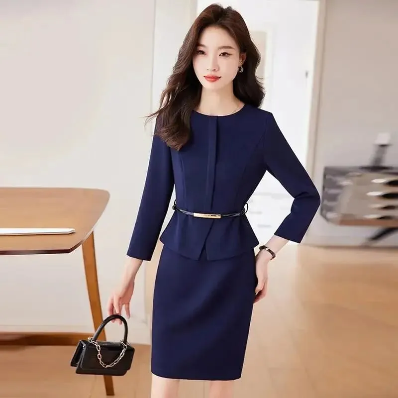 Elegant Spring Autumn Women Dress With Belt New Professional Navy Blue Formal Long Sleeve Slim Temperament Office Ladies Dresses