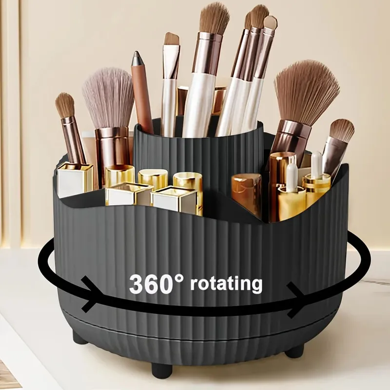 360-Degree Rotating Makeup Organizer 5 Slot Plastic Cosmetic Storage Elegant Stripe Versatile Holder for Brushes Office Supplies