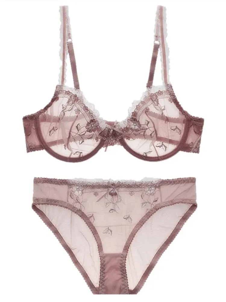 French Lace Bra & Panty Set for Plus Size - Sheer Mesh Ultra-Thin Full-Bust Support Anti-Sagging Lingerie Sexy Design