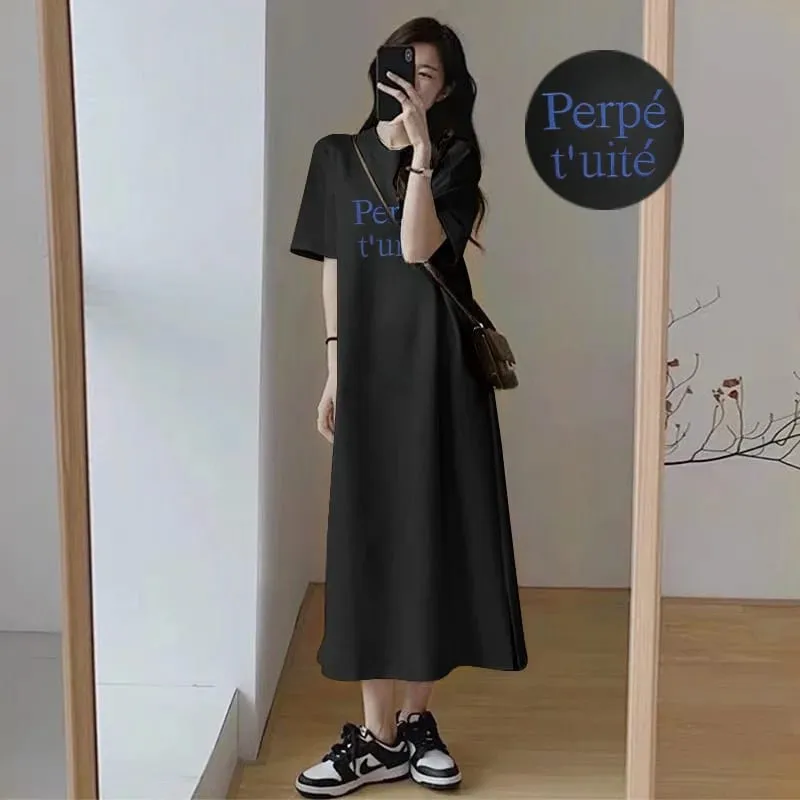 Women Letter‑Print T‑Shirt Maxi Dress O‑Neck Short Sleeve Split Hem Loose Long Dress Korean Casual Daily Outfit