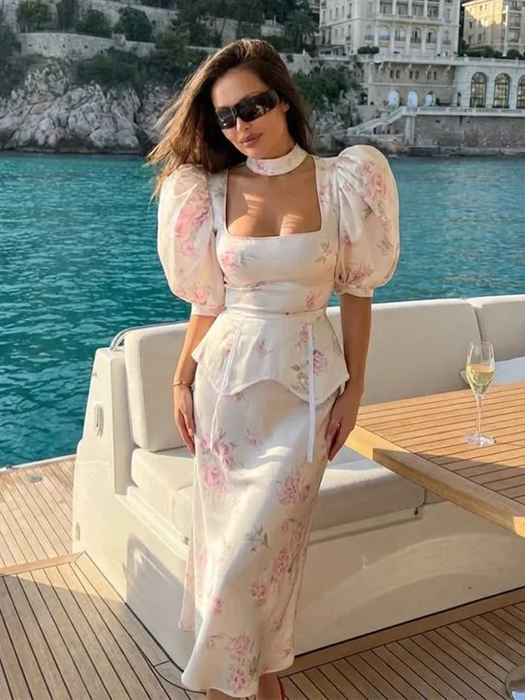 Satin Floral Print Maxi Dress Puffed Sleeve Halter Neck Waist Cinched 2026 Summer Vacation Women Vestido Fashion Chic Lady Gown