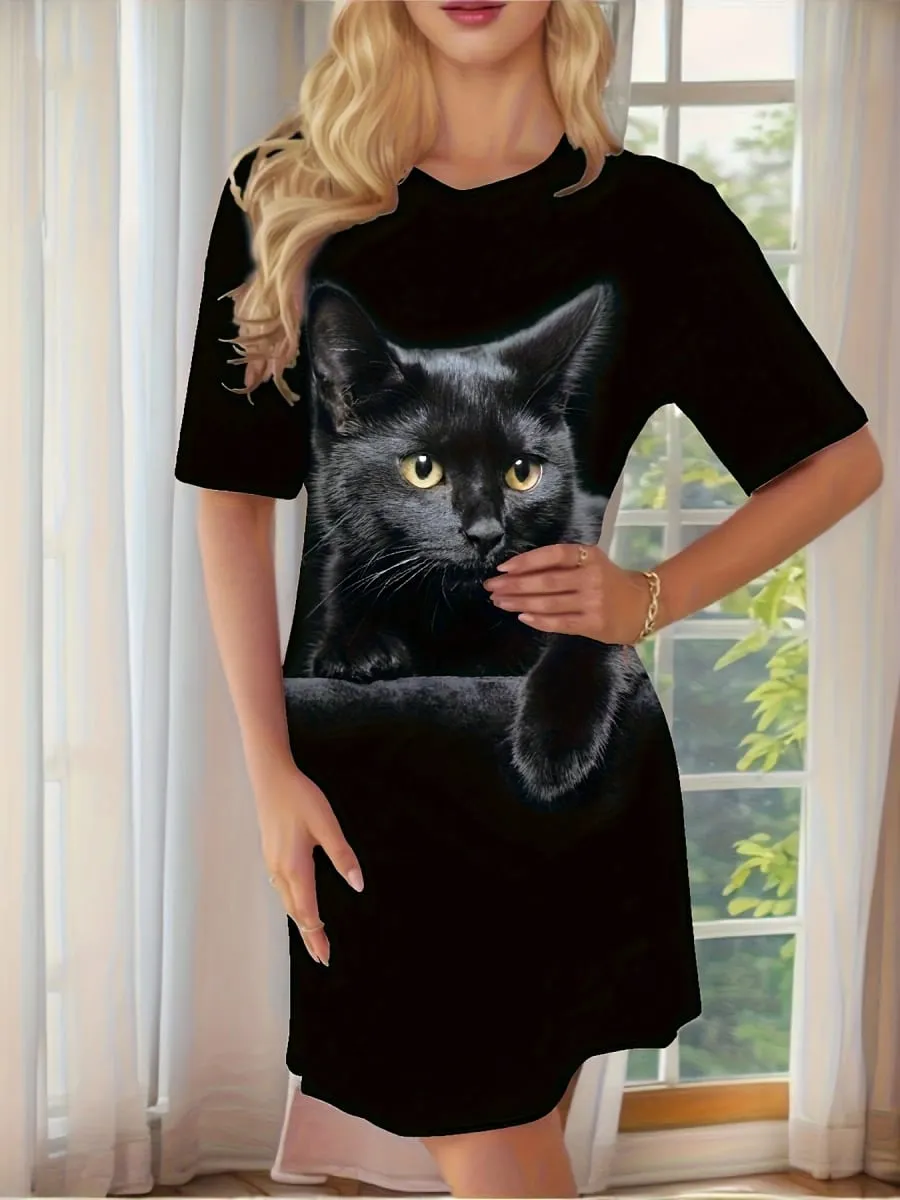Women'S Elegant Print Dresses Soft Short Sleeve Round Neck Dress with Tabby Face Paw Cute Cat Print Design Y2k Ladies Clothes