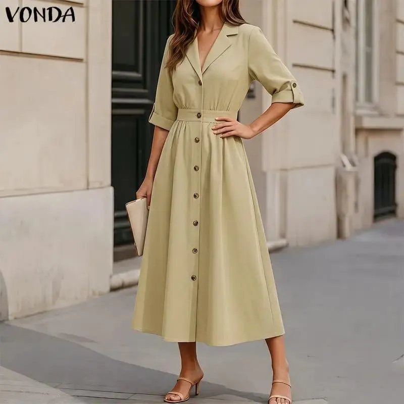 Summer 3/4 Sleeve Women Dress Fashion Sundress OL Work Shirt Dresses Streetwear Solid Color Vestidos Oversize S-3XL