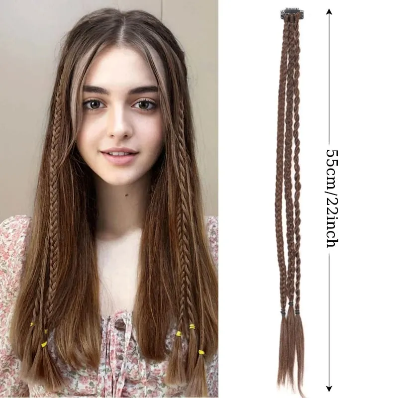 1Pc Clip in Braid Hair Extensions Wig 22inch Synthetic Braided Hairpiece 3 Braids on One Clip for Women Daily Costume Party Use