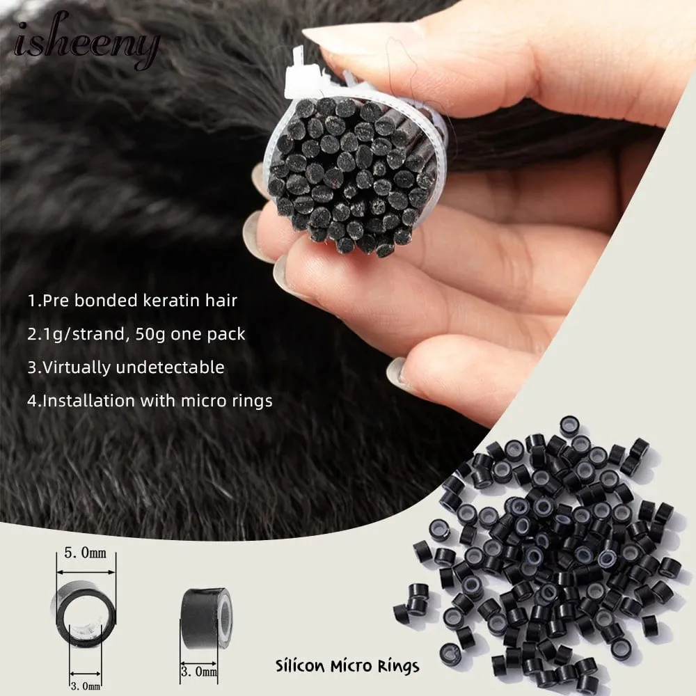 Yaki Lurus Microlink I Tip Ekstensi Rambut 12 "-20" Rambut Manusia Perawan Rambut Cincin Lingkaran Mikro Rambut Lurus Keriting untuk Wanita