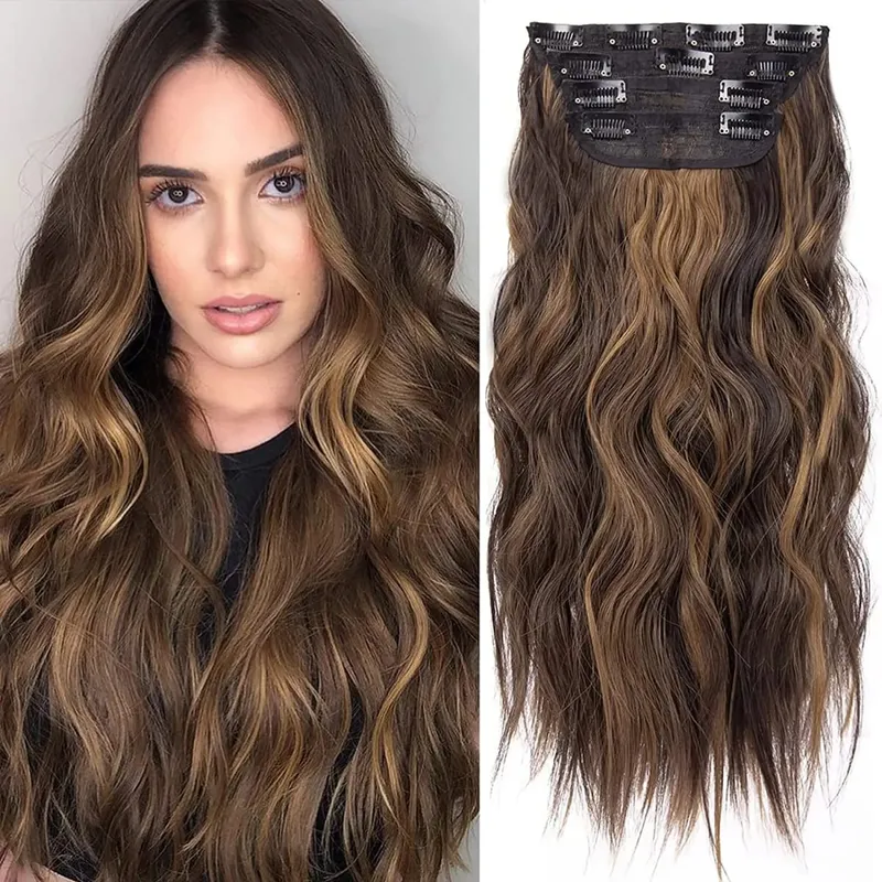 Clipe sintético longo ondulado feminino de alta temperatura, extensão de cabelo sintético, 4 peças, clipe longo, macio, ondas glam, grosso