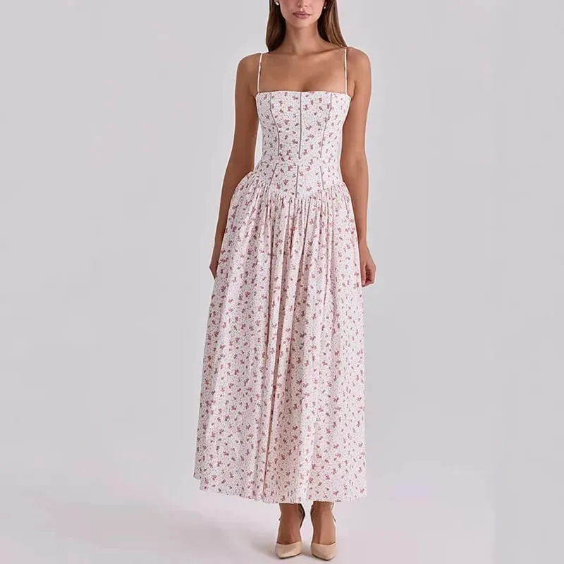 Floral Print Spaghetti Strap Maxi Dress Square Neck Corset Waist A-Line Elegant Dresses Casual 2026 Summer Vacation Chic Outfit