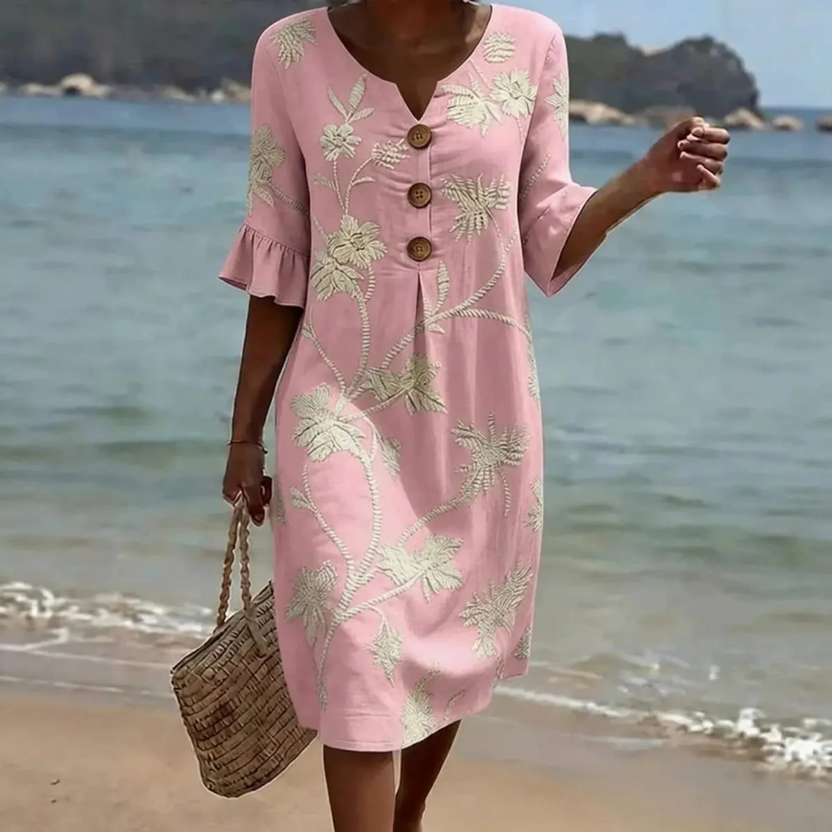 Summer Woman Dress V Neck Button Front Dresses Loose Fit Casual Dress Ruffle Sleeve Floral Dress Vine Pattern Women's Embroidery