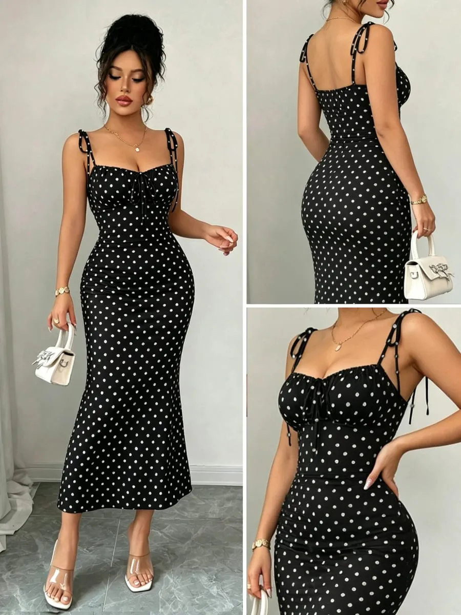 Itim at Puting Polka Dot Bow Mid-Length na Damit Pleated Tight-Fitting Fishtail Dress Vintage Slim-Fit Fishtail Party Long Dress