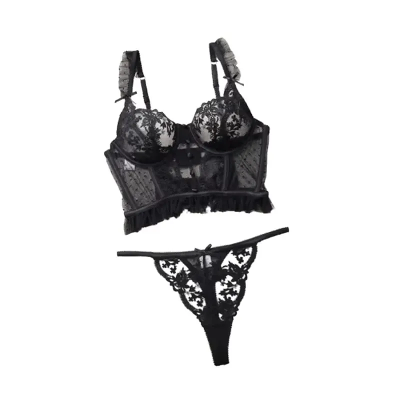 Sexy Bra Brief Set Ruffles Dot Lingerie Embroidery Flowers Solid Panties Underwear Lace Two Back Closure Intimate Exotic Sets