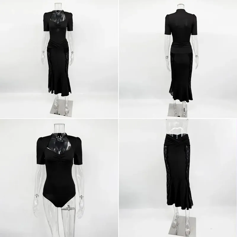 Ticketsx Sexy Lace Dress Set Women Fashion V-Neck See-Through Patchwork Pleated Slim Skirts Set Elegant Party Evening Dress Set