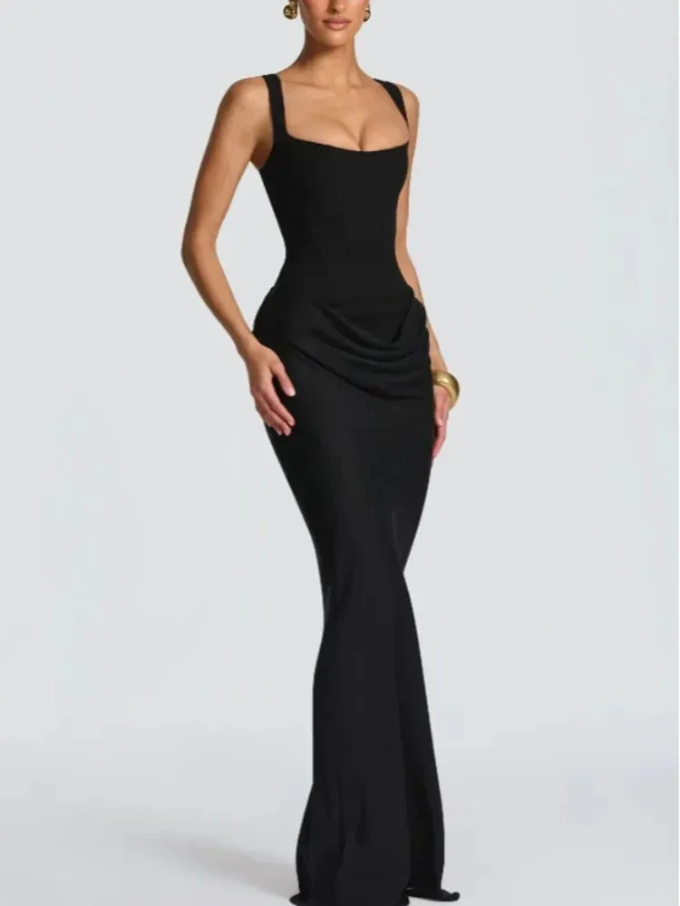 Lady Elegant Pleated Sling Dresses Solid Square Neck Sleeveless Off-shoulder Waist Cinching Dress Fashion Evening Party Gowns