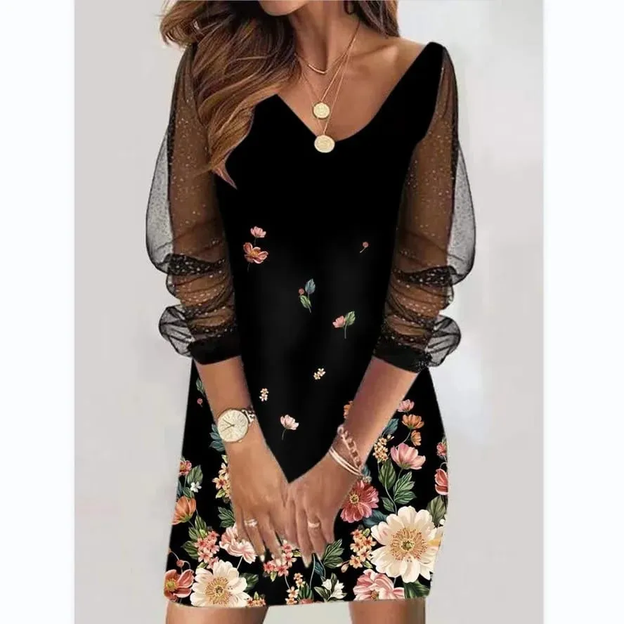 2024 New Spring-style Round Neck Sequins Perspective Gauze Lady Dress