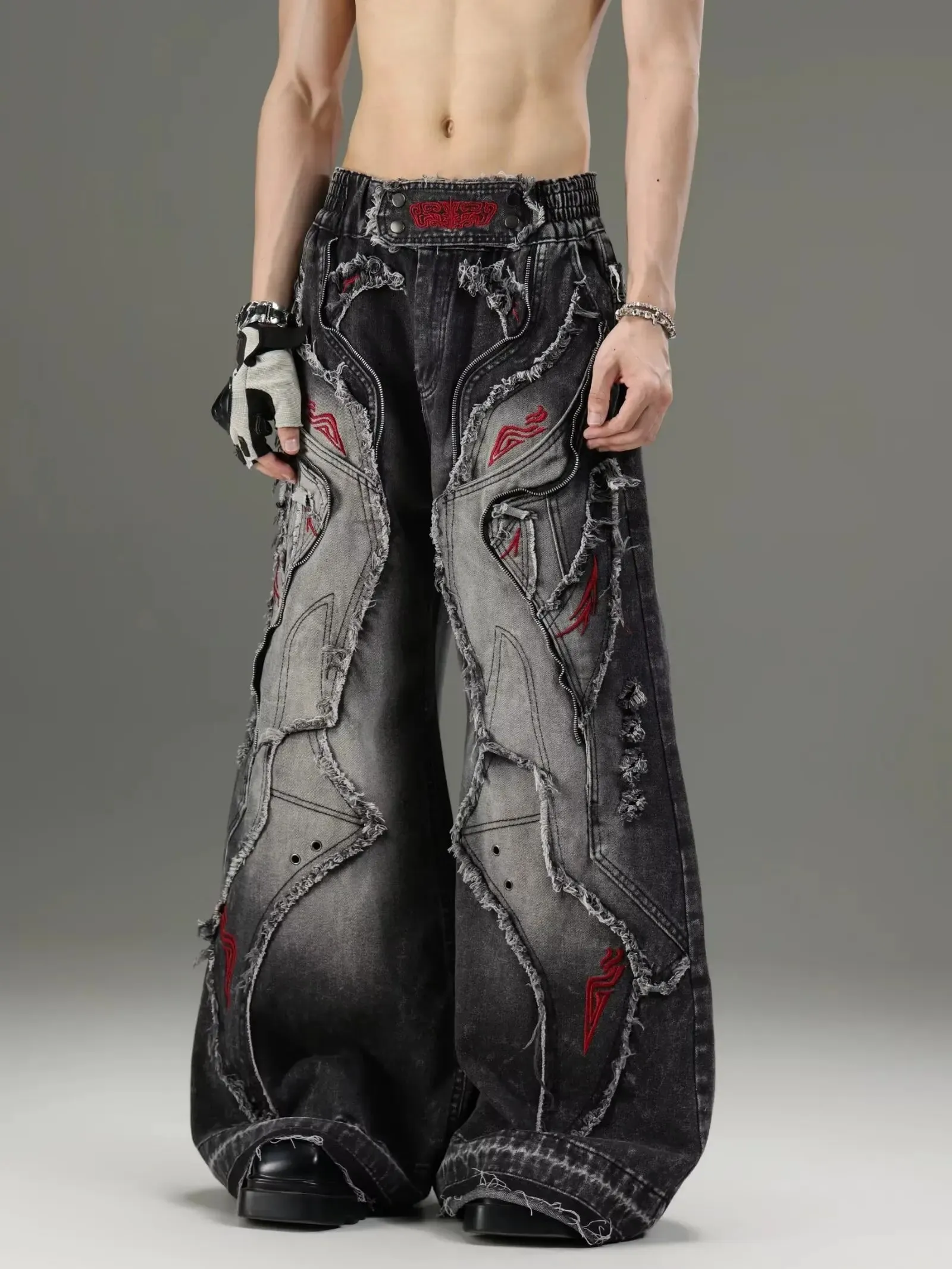 Gothic Retro Baggy Unisex Mopping Pants Y2K Phantom Jeans High Street Red Embroidered Patch Hip Hop Streetwear Straight Jeans