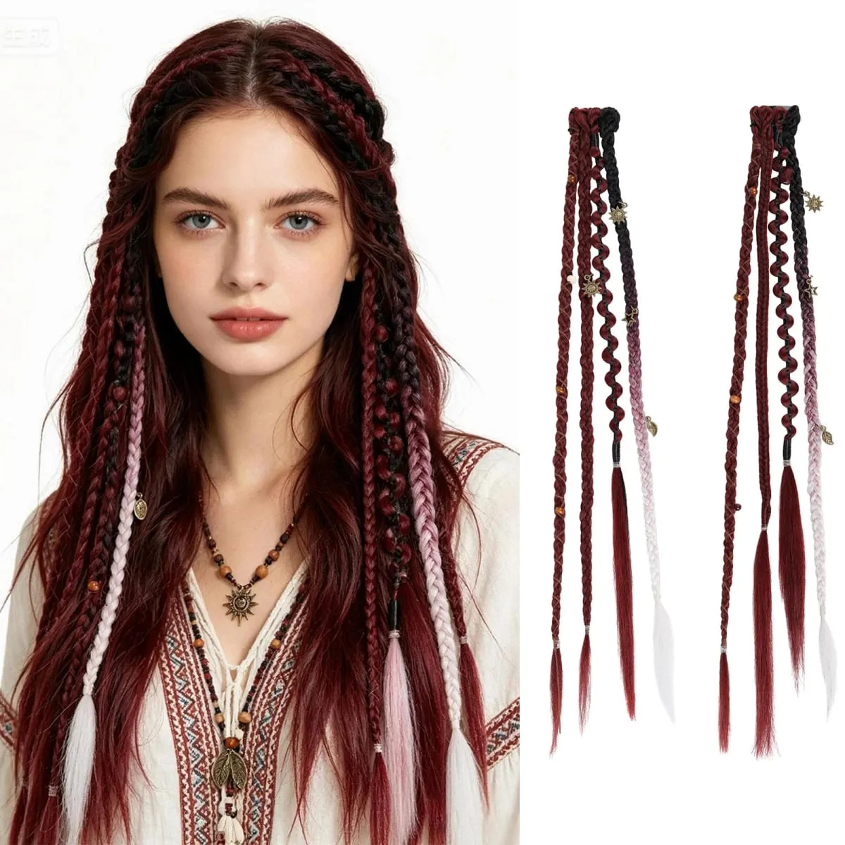 Clip in braids 2PCS 20Inch Dreadlock Extensions with Beads & Chains Viking Boho Braids for Cosplay Festival Daily Styling