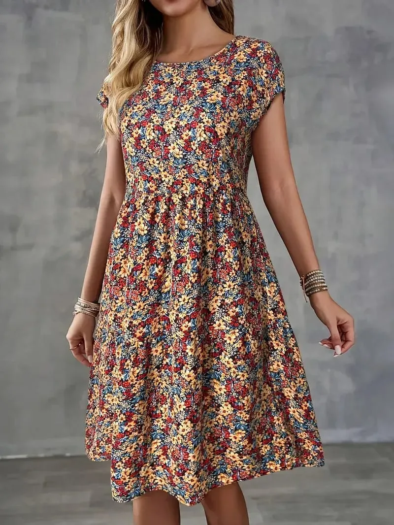 Women's Summer Floral Print Short-Sleeved Round Neck Dress Casual Loose Vacation Style Dress