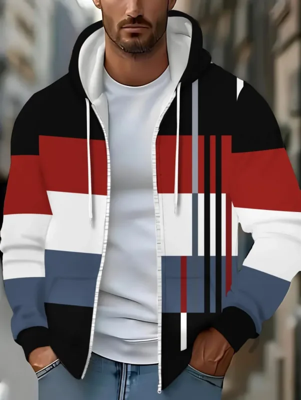 Hoodies for Man Striped Print Full Zip Sweatshirt Outdoor Wear Man Hoodie Fashion Casual Loose Sports Tops Pullover Man Clothing