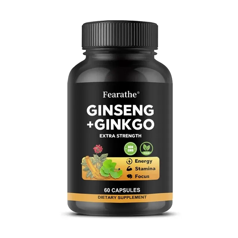 Korean Red Panax Ginseng + Ginkgo Biloba Capsules - Energy Focus & Heart Health Support 5% Ginsenosides Vegan Non-GMO