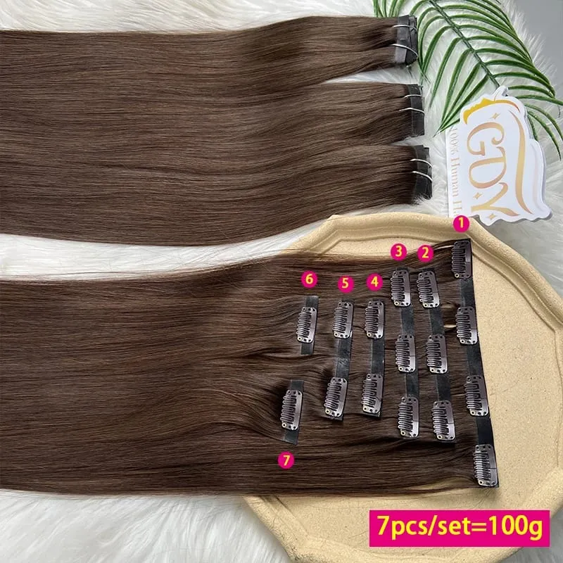 #2 Color Invisible Seamless Clip in Hair Extensions Straight PU Weft Clips In Double Weft 100% Raw Virgin Human Hair 7PCS/100g