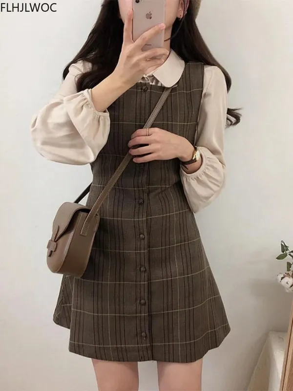 Bonito mini ano novo data vestidos sem mangas colete feminino coreia estilo japonês design retro vintage xadrez botão camisa vestido 11021