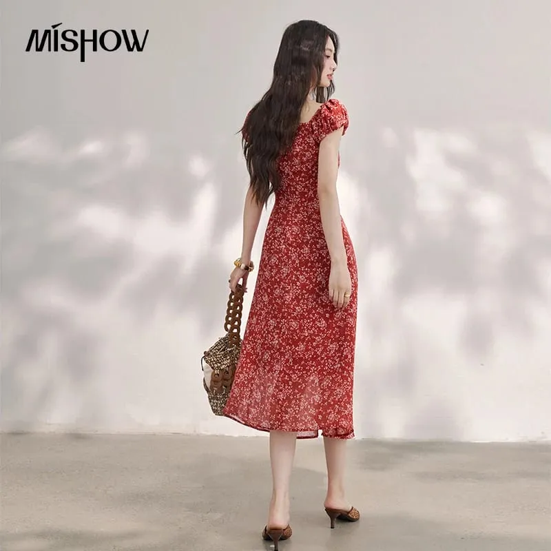 Women's Vintage Red Floral Chiffon Midi Dress 2026 Summer Square Neck Ruffle Tie Front Slim Long Dresses MXF24L2716