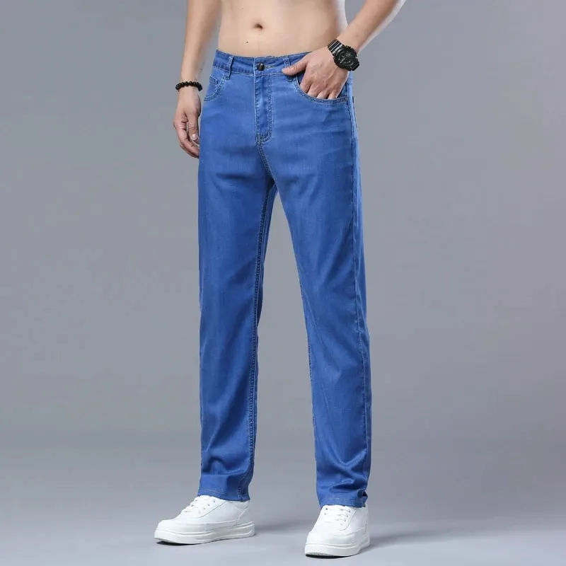 Lyocell Jeans Summer Ultra-Thin Elastic Straight Men's Denim Pants Fashion Korean Soft Drape Cool Business Casual Trousers