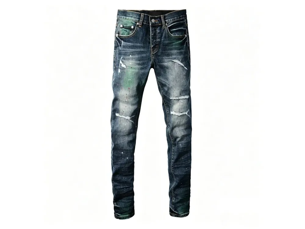Men's Slim Taper Vintage Distressed Ripped Jeans Blue Gradient Green Red Paint Splatter Button Fly High Street Fashion Denim Pan