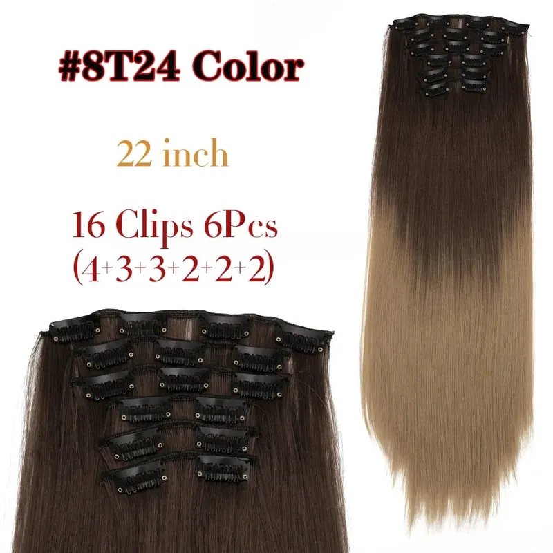 Black Clip In Extensions Straight 22" Long Synthetic Thick Clips On Hair Piece For Women 6Pcs/Set Curly Full Head Weddings Daily