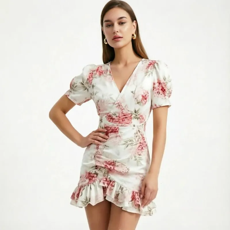 Women Sexy Flora Painted Ruffle Slim Dress Chic Deep V-neck Double Layered Ruffled Hem Dresses Lady New Daily Party Gowns