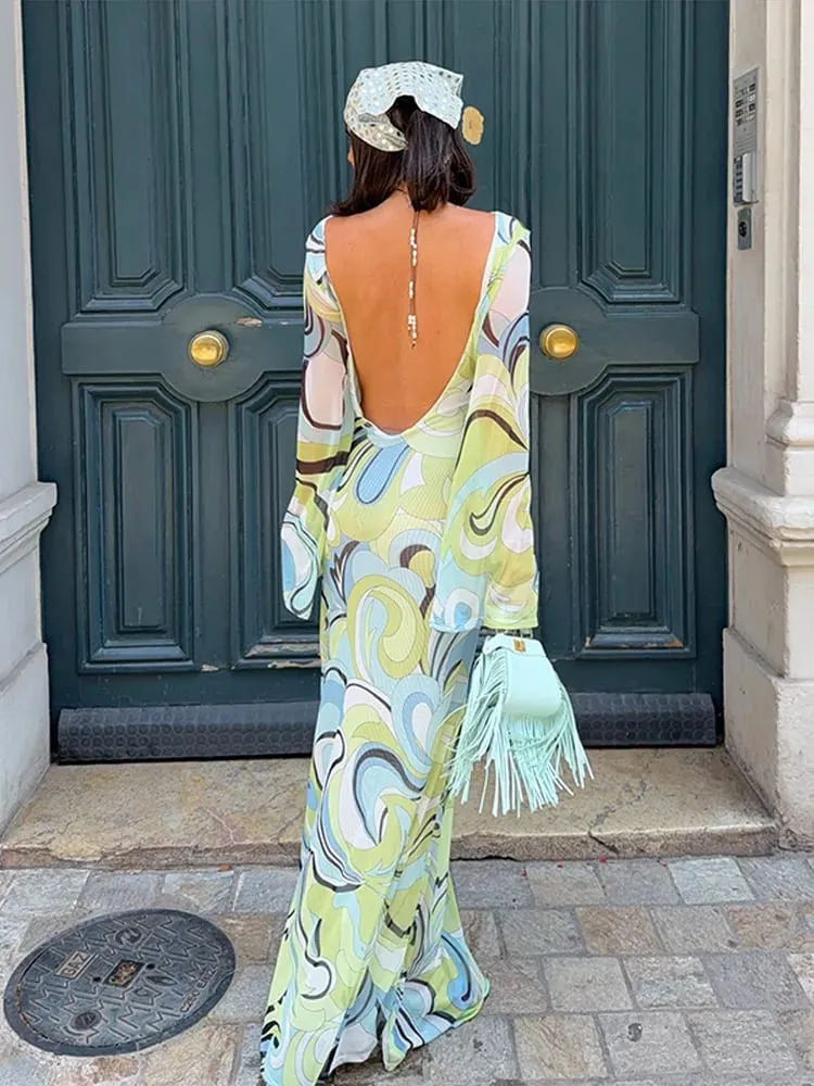 Elegant Print Mesh Long Dress For Women Sexy Deep O-neck Sleeveless Perspective Maxi Dress Lady Summer Chic Beach Robes