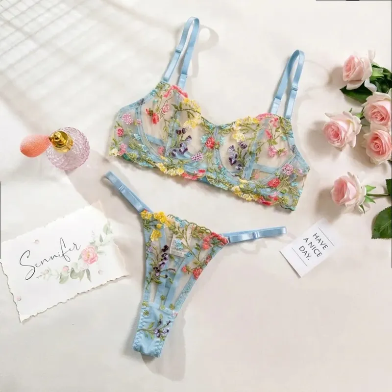 2-Piece Fashion Floral Lingerie Set Embroidery Sheer Underwear Intimates Versatile Underwire Push-up Bra Panty Set For Lady Girl