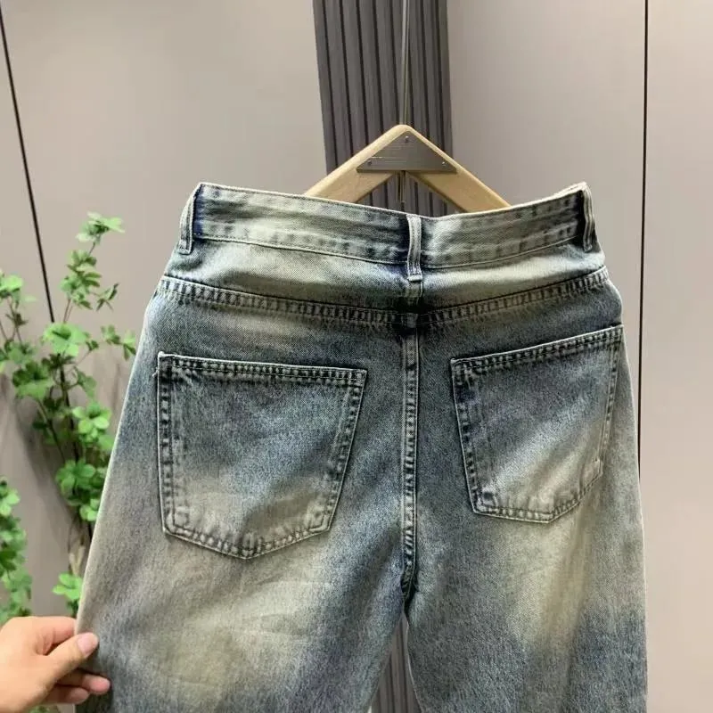 Men's Jeans Man Pants Classic Straight Fit Faded Ripped Jeans Denim Trouser Casual Loose Slim Stylish Street Retro Blue