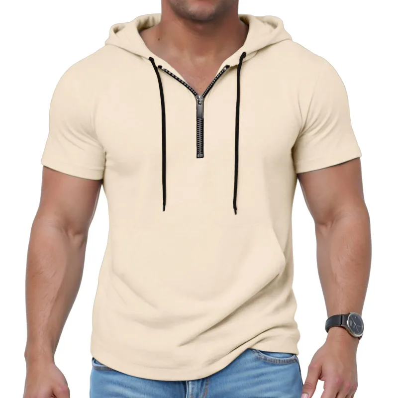 Hoodies casuais de manga curta masculina moda esportes metade zip cordão moletom mostrar mais forte solto respirável fitness hoodies — image 14