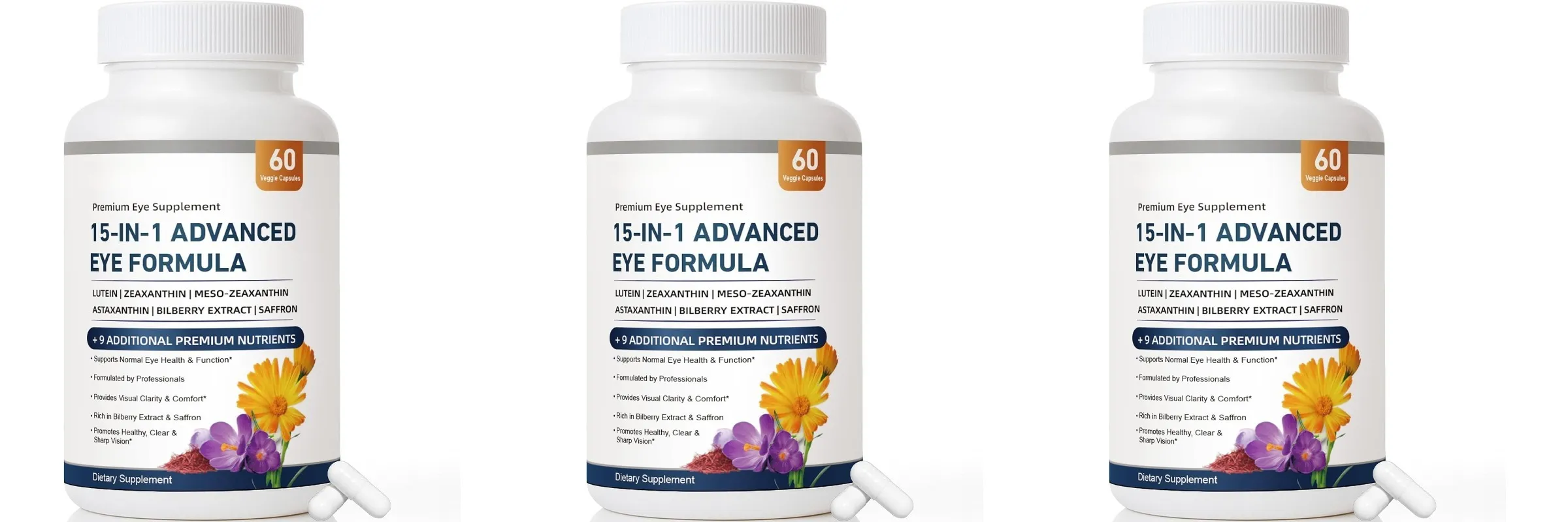 15-in-1 Advanced Eye Formula with Lutein Zeaxanthin Astaxanthin Bilberry & Saffron Visual Comfort Support 60 Capsules