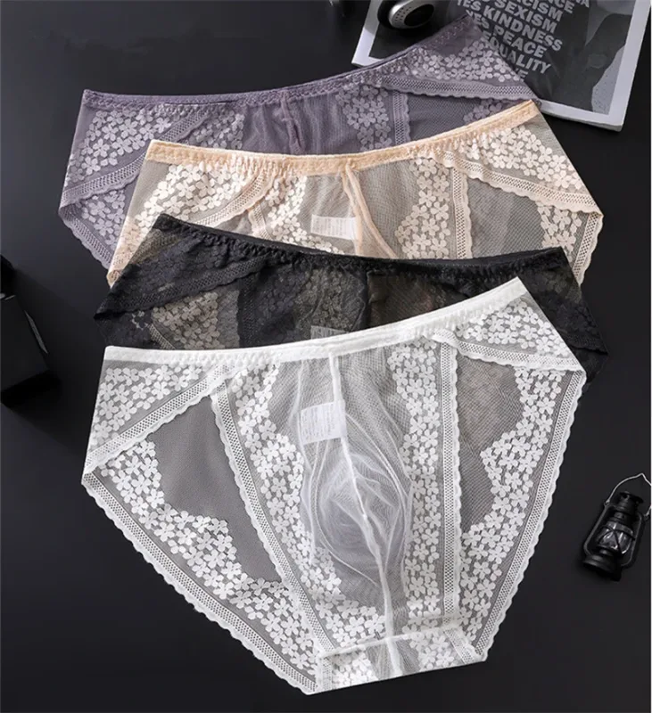 Lace men's underwear ice silk calzoncillos hombre 3D convex bag adults 18 plus size sexy lingeries for man tangas japonesa new