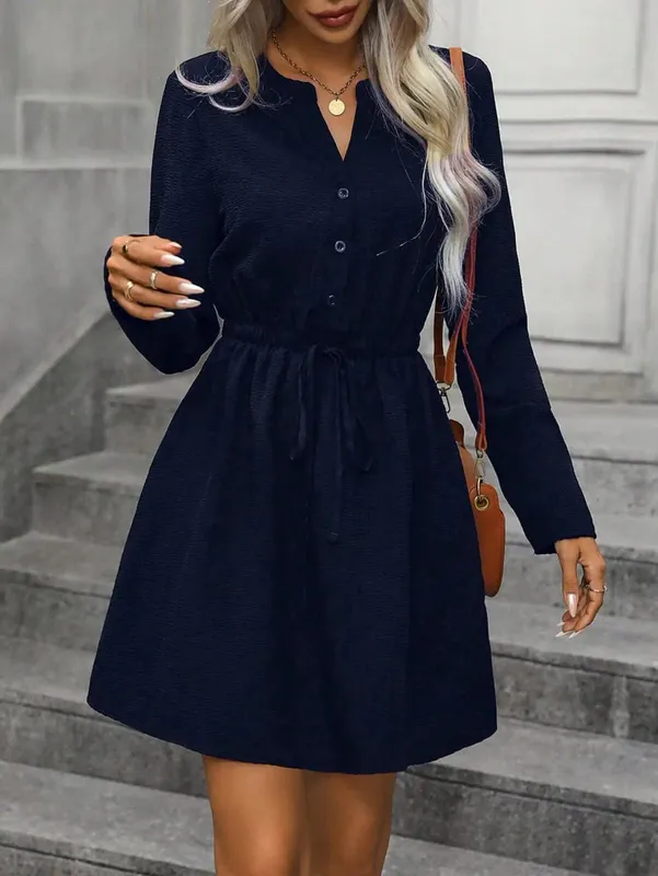 Vestido feminino azul marinho com cordão na cintura, casual, manga comprida, camisa com botão, decote em v, linha a, mini vestido para mulheres