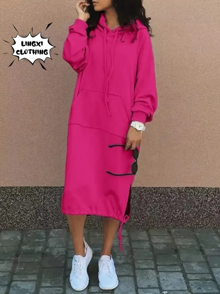 Gaun Panjang Hoodie Hangat Belahan Saku Elegan Berkerudung Besar Jubah Sweter Wanita Baru Mode Musim Gugur dan Musim Dingin 2023