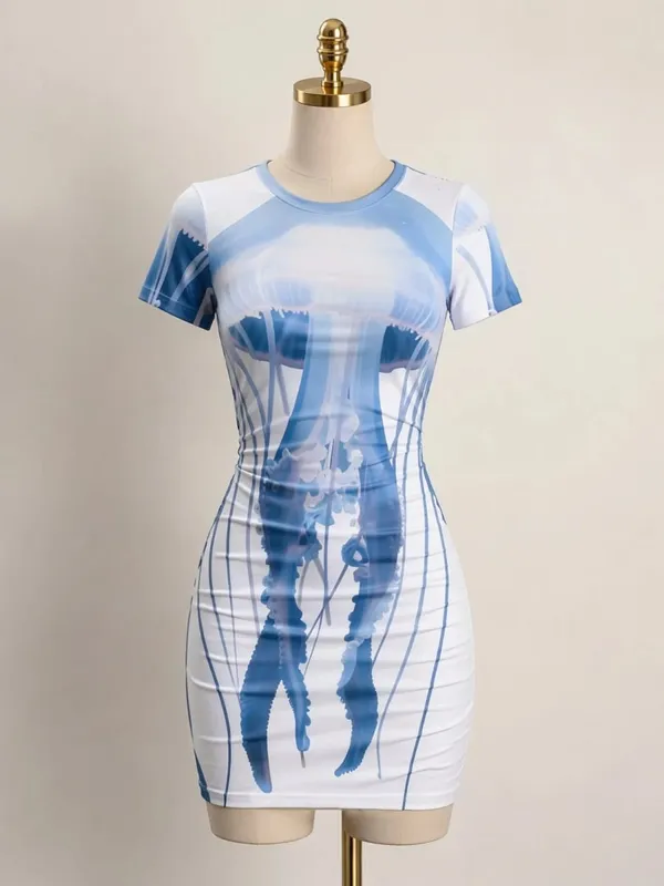 Womens Short Sleeve Bodycon Mini Dress Slim Fit Crew Neck Floral Print Casual Summer Party Cute Trendy Flattering Party Sundress