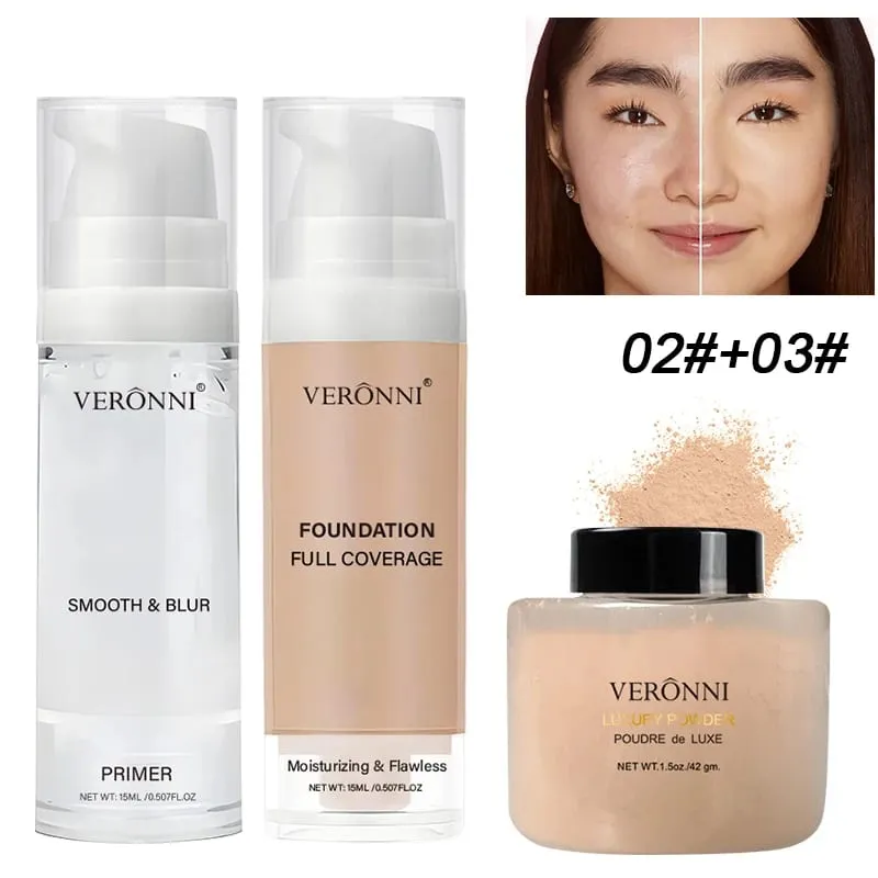 3-Piece Beginner Face Makeup Kit-Matte Waterproof Foundation Hydrating Primer Oil-Control Loose Powder Full Coverage Concealer